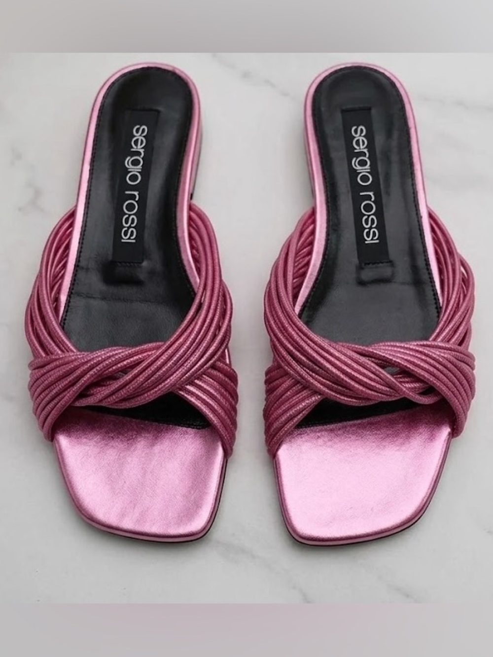 Sergio Rossi Akida Woven Leather Sandals Metallic Rose Pink Size IT 37.5/ US 7.5